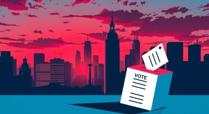 Illustration symbolizing political tension with a spotlight on a city skyline and a stylized ballot, colored in bold red and blue.