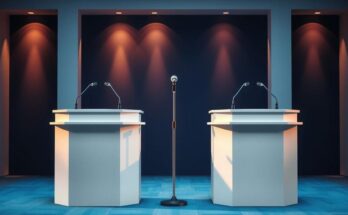 Intervista politica con due figure prominenti in un contesto formale e professionale.