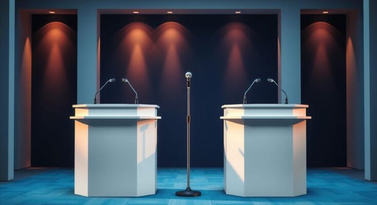 Intervista politica con due figure prominenti in un contesto formale e professionale.