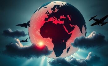 A symbolic representation of diplomatic tensions, with abstract imagery featuring a globe, military silhouettes, and nuclear symbols.