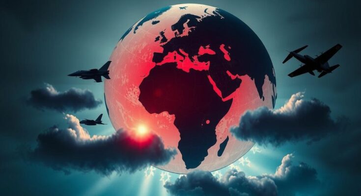 A symbolic representation of diplomatic tensions, with abstract imagery featuring a globe, military silhouettes, and nuclear symbols.