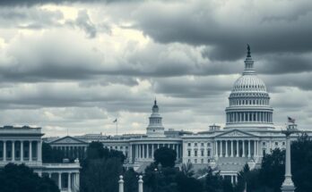 A Washington D.C. skyline with symbolic government buildings under a cloudy sky, representing political uncertainty and decision-making.