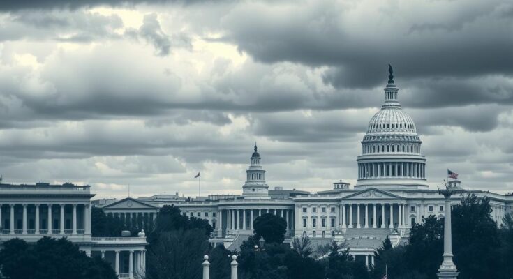 A Washington D.C. skyline with symbolic government buildings under a cloudy sky, representing political uncertainty and decision-making.