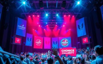 A vibrant stage set for a political event, with large banners and blue and red color scheme, symbolizing hope and unity.