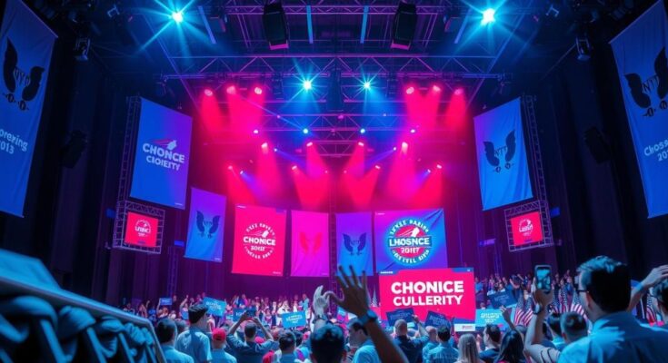 A vibrant stage set for a political event, with large banners and blue and red color scheme, symbolizing hope and unity.