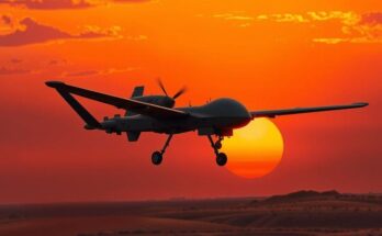 A military drone soaring over a barren landscape under a dramatic sunset, symbolizing geopolitical tensions and military action.