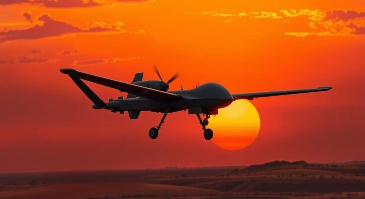 A military drone soaring over a barren landscape under a dramatic sunset, symbolizing geopolitical tensions and military action.