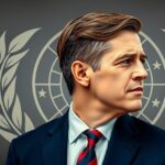 Портрет политического консультанта на фоне флага, символизирующего политику и торговлю.