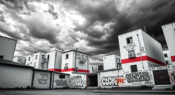 Paysage urbain américain avec des bâtiments blancs, nuages sombres et graffiti engagé sur les murs.