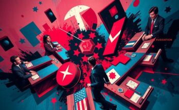 A dynamic representation of political tension, featuring a diverse assembly of abstract elements in deep reds and blues.