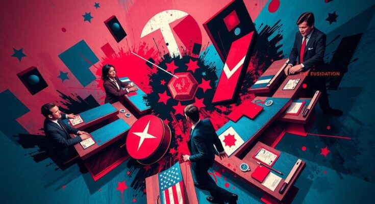 A dynamic representation of political tension, featuring a diverse assembly of abstract elements in deep reds and blues.