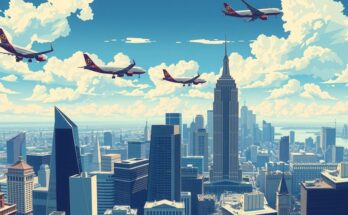 Piano con aeroplani sorvolando una città, catturando l'idea di volo e dinamismo politico negli Stati Uniti.