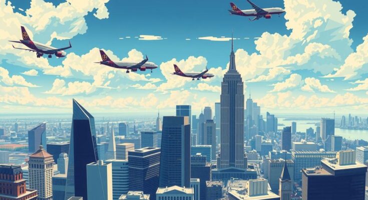 Piano con aeroplani sorvolando una città, catturando l'idea di volo e dinamismo politico negli Stati Uniti.