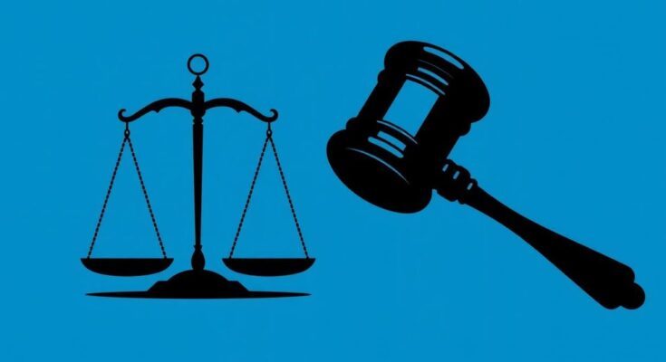 A silhouette of a gavel and scales against a dramatic blue background, representing justice and decision-making in politics.
