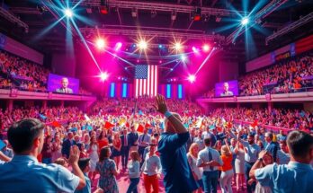 Convention Democratico con atmosfera festosa, danzatori e bandiere colorate in un grande spazio.