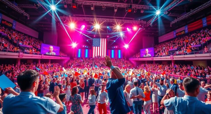 Convention Democratico con atmosfera festosa, danzatori e bandiere colorate in un grande spazio.