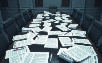 Un projet de loi américain avec une grande table de négociations, des documents et des stylos dispersés.