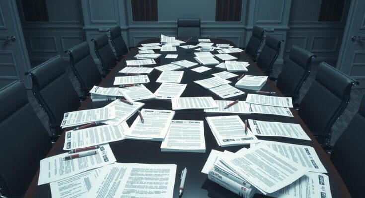 Un projet de loi américain avec une grande table de négociations, des documents et des stylos dispersés.
