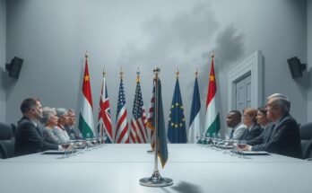 Une réunion sur la politique étrangère avec des drapeaux et des symboles symboliques en arrière-plan.