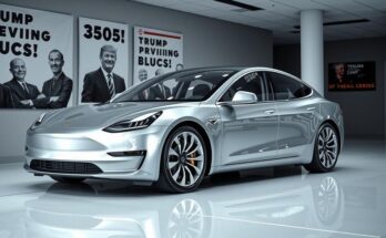Kendaraan listrik Tesla di showroom dengan latar belakang banner politik, mencerminkan dampak politik terhadap merek.