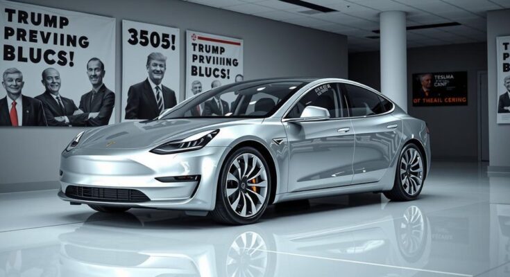 Kendaraan listrik Tesla di showroom dengan latar belakang banner politik, mencerminkan dampak politik terhadap merek.