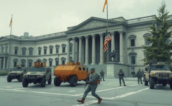 Kumpulan kendaraan militer dan tentara di luar gedung parlemen di Korea Selatan selama situasi darurat.