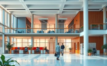 Federal building with diverse offices and active staff in a collaborative setting reflecting government efficiency.