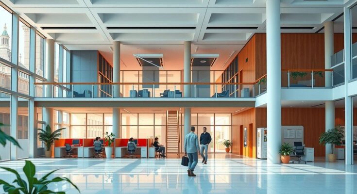 Federal building with diverse offices and active staff in a collaborative setting reflecting government efficiency.