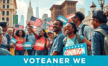 Dynamic political campaign scene showing volunteers engaging passionately, with vibrant colours and urban setting