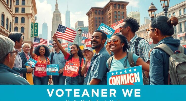 Dynamic political campaign scene showing volunteers engaging passionately, with vibrant colours and urban setting