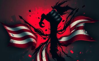 Une représentation artistique de la violence politique en Amérique, avec un style sombre et une palette de rouges et noirs.