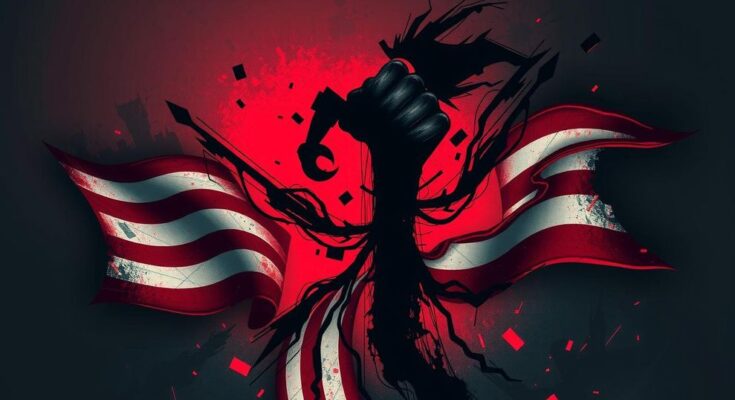 Une représentation artistique de la violence politique en Amérique, avec un style sombre et une palette de rouges et noirs.