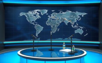 A broadcasting studio with microphones and a news desk, featuring a backdrop of the world map, in a modern style.