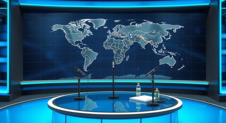 A broadcasting studio with microphones and a news desk, featuring a backdrop of the world map, in a modern style.