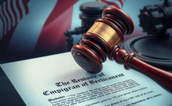 Gavel on a legal document with a blurred background of news headlines and an American flag motif.
