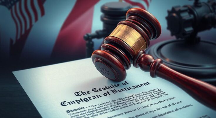 Gavel on a legal document with a blurred background of news headlines and an American flag motif.