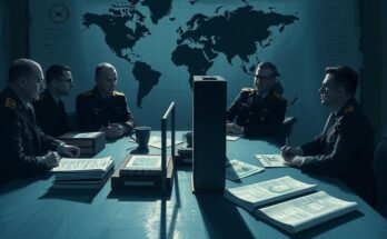 Illustration of a military strategy meeting with shadowy silhouettes of officials and maps in dark colors.