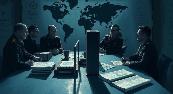 Illustration of a military strategy meeting with shadowy silhouettes of officials and maps in dark colors.