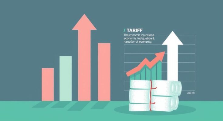 Diagram showing economic impacts of tariffs with growth arrows, budget outline, and market fluctuations in muted colors.