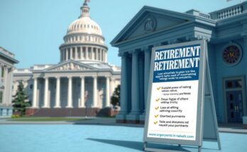 Scenografia con edifici governativi e un cartello che offre opportunità di pensionamento, colori blu e grigi.