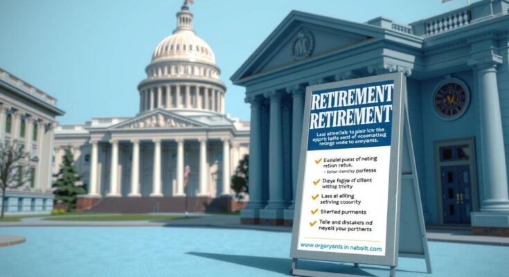 Scenografia con edifici governativi e un cartello che offre opportunità di pensionamento, colori blu e grigi.