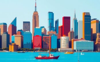 Une représentation artistique d'une élection à New York avec une palette de couleurs vives et un style moderne.