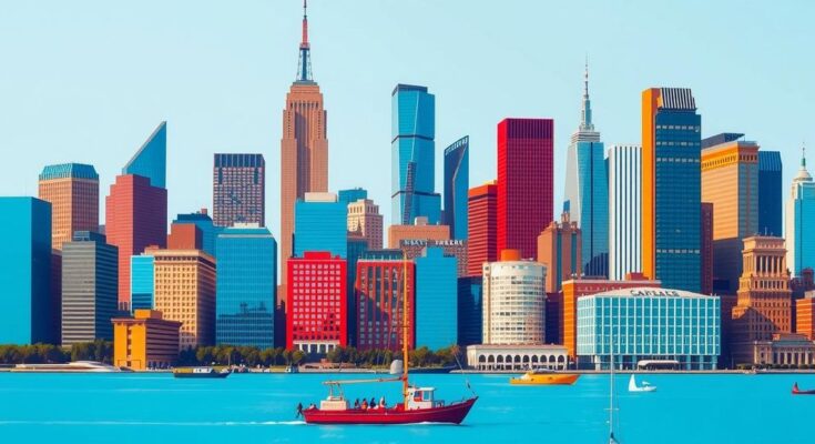 Une représentation artistique d'une élection à New York avec une palette de couleurs vives et un style moderne.