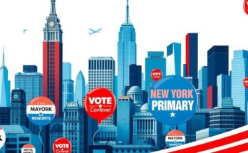 An artful collage of New York City skyline with campaign buttons, showing the vibrant political atmosphere.