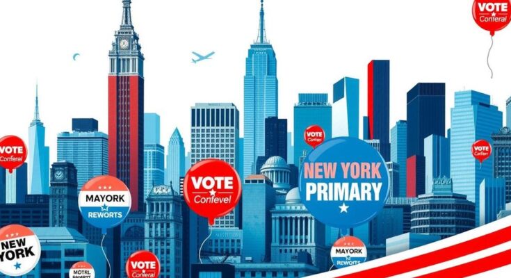 An artful collage of New York City skyline with campaign buttons, showing the vibrant political atmosphere.