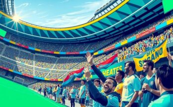A vibrant stadium filled with cheering fans, reflecting unity in sport despite political tension, in bright colours.
