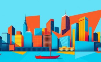 A dynamic cityscape representing political change with vibrant colours and abstract art style.
