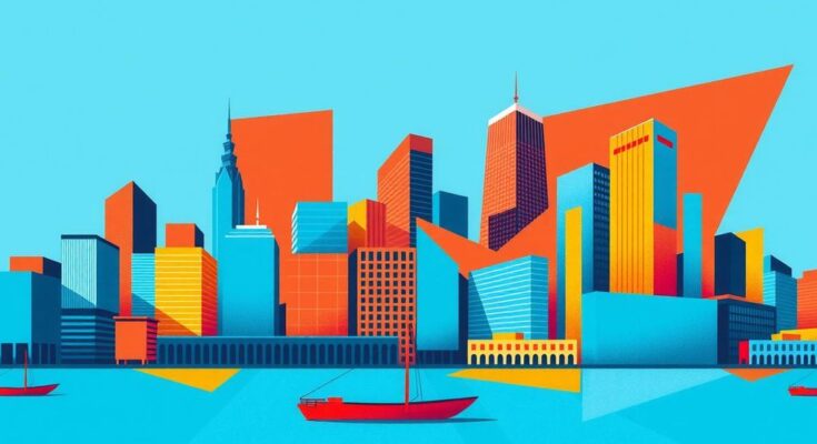 A dynamic cityscape representing political change with vibrant colours and abstract art style.