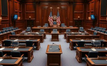 Salle d'audience du Sénat avec des bureaux vides, drapeaux américains et équipements audiovisuels en arrière-plan.