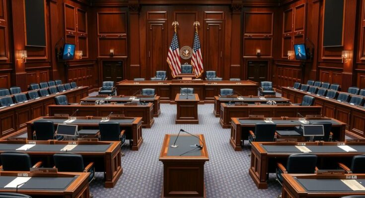 Salle d'audience du Sénat avec des bureaux vides, drapeaux américains et équipements audiovisuels en arrière-plan.
